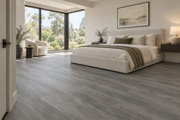 Patio Shade SPC Vinyl Flooring — TFSPC503-F — daytime bedroom. AI interior visualization based on original supplier finish photos.