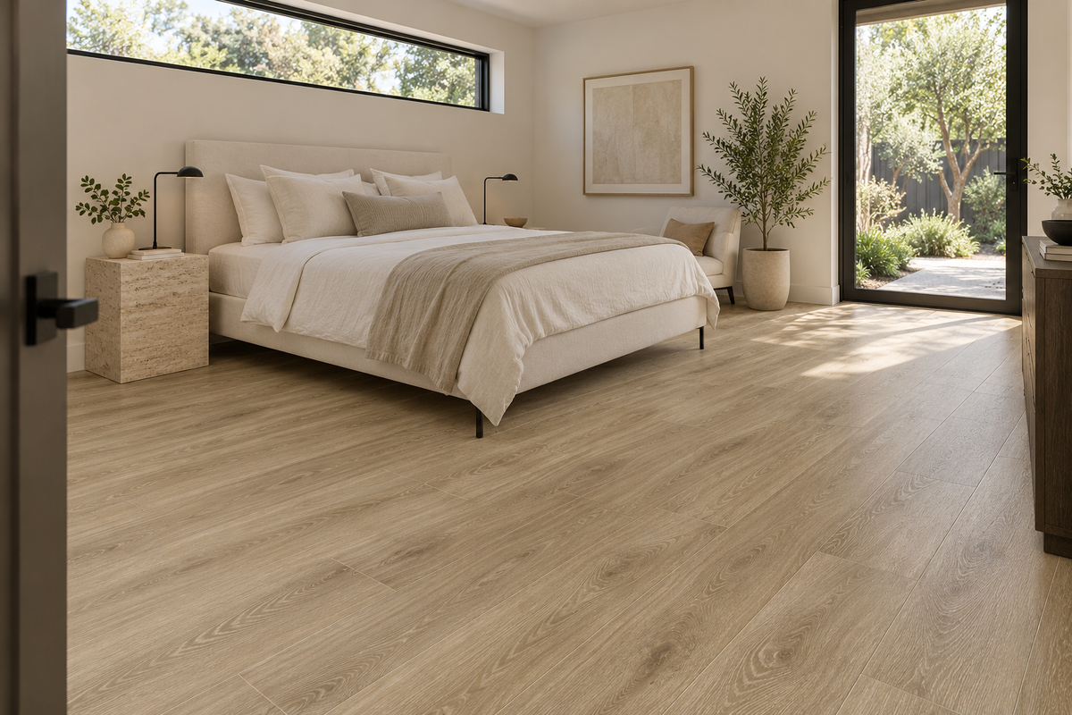 Fawn SPC Vinyl Flooring — TFSPC506-F — daytime bedroom. AI interior visualization based on original supplier finish photos.