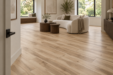 Cali Bluffs SPC Vinyl Flooring — TFSPC510-F — daytime living room. AI interior visualization based on original supplier finish photos.