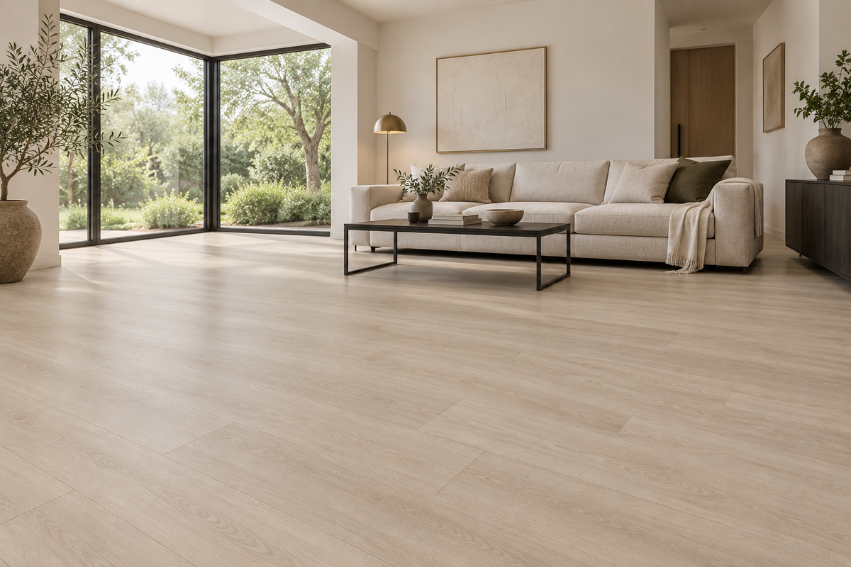 Boho Beige SPC Vinyl Flooring — TFSPC512-F — daytime living room. AI interior visualization based on original supplier finish photos.