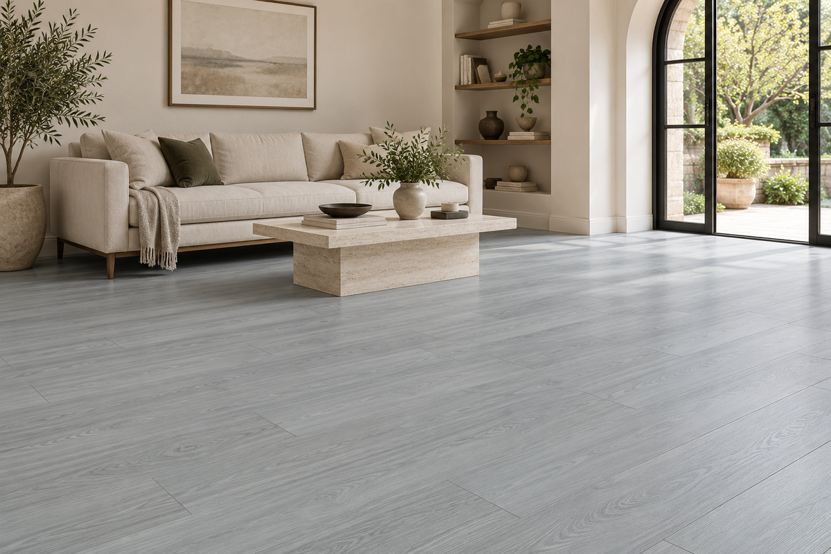 Amsterdam SPC Vinyl Flooring — TFSPC605-F — daytime living room. AI interior visualization based on original supplier finish photos.
