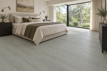Venice SPC Vinyl Flooring — TFSPC606-F — daytime bedroom. AI interior visualization based on original supplier finish photos.