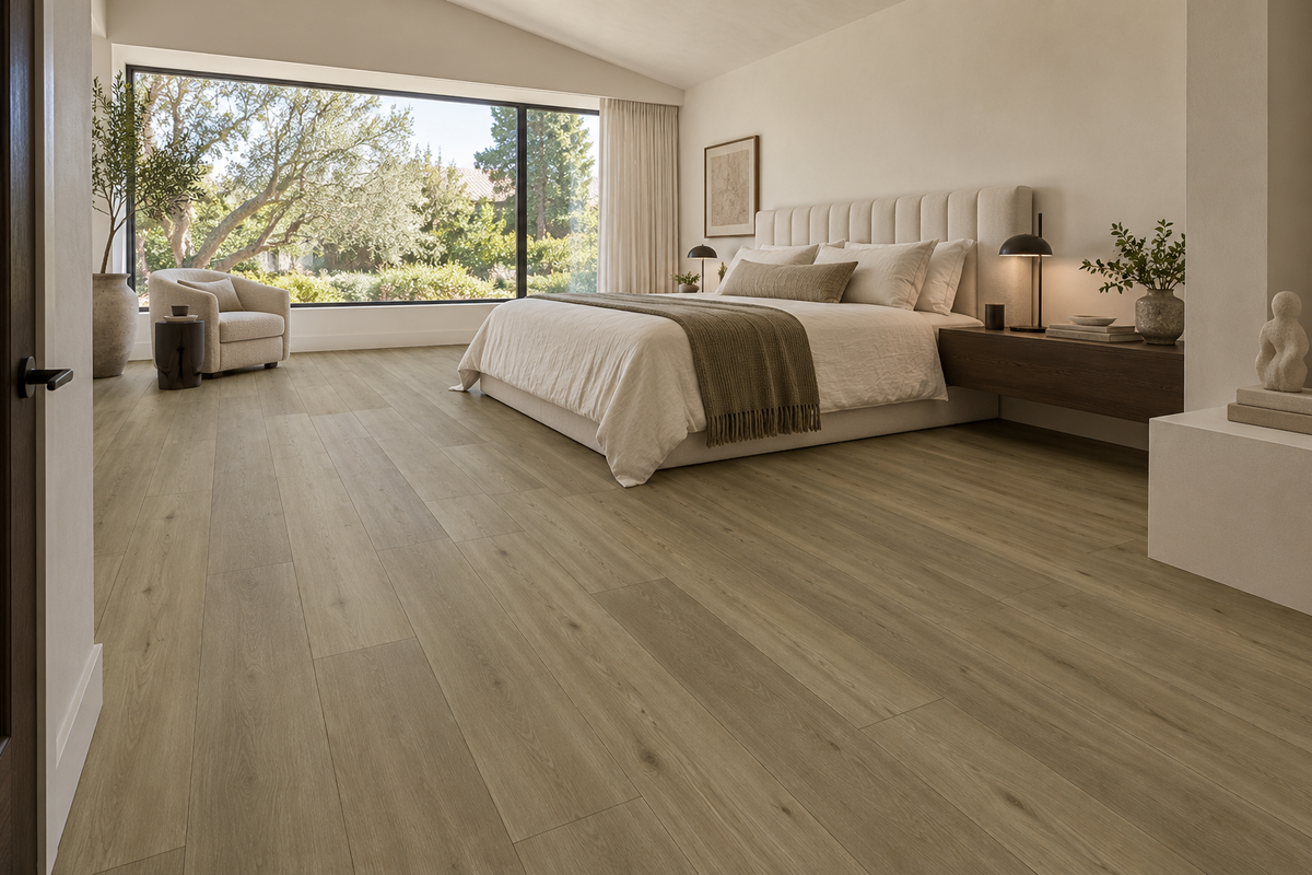 Lion SPC Vinyl Flooring — TFSPC607-F — daytime bedroom. AI interior visualization based on original supplier finish photos.