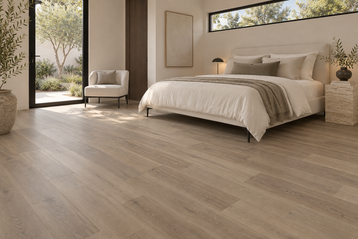 Morning Mist SPC Vinyl Flooring — TFSPC8601-F — daytime bedroom. AI interior visualization based on original supplier finish photos.