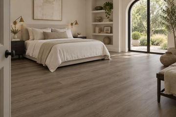 Rocky Trail SPC Vinyl Flooring — TFSPC8603-F — daytime bedroom. AI interior visualization based on original supplier finish photos.