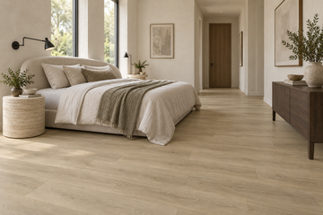 Boreal Light SPC Vinyl Flooring — TFSPC8605-F — daytime bedroom. AI interior visualization based on original supplier finish photos.