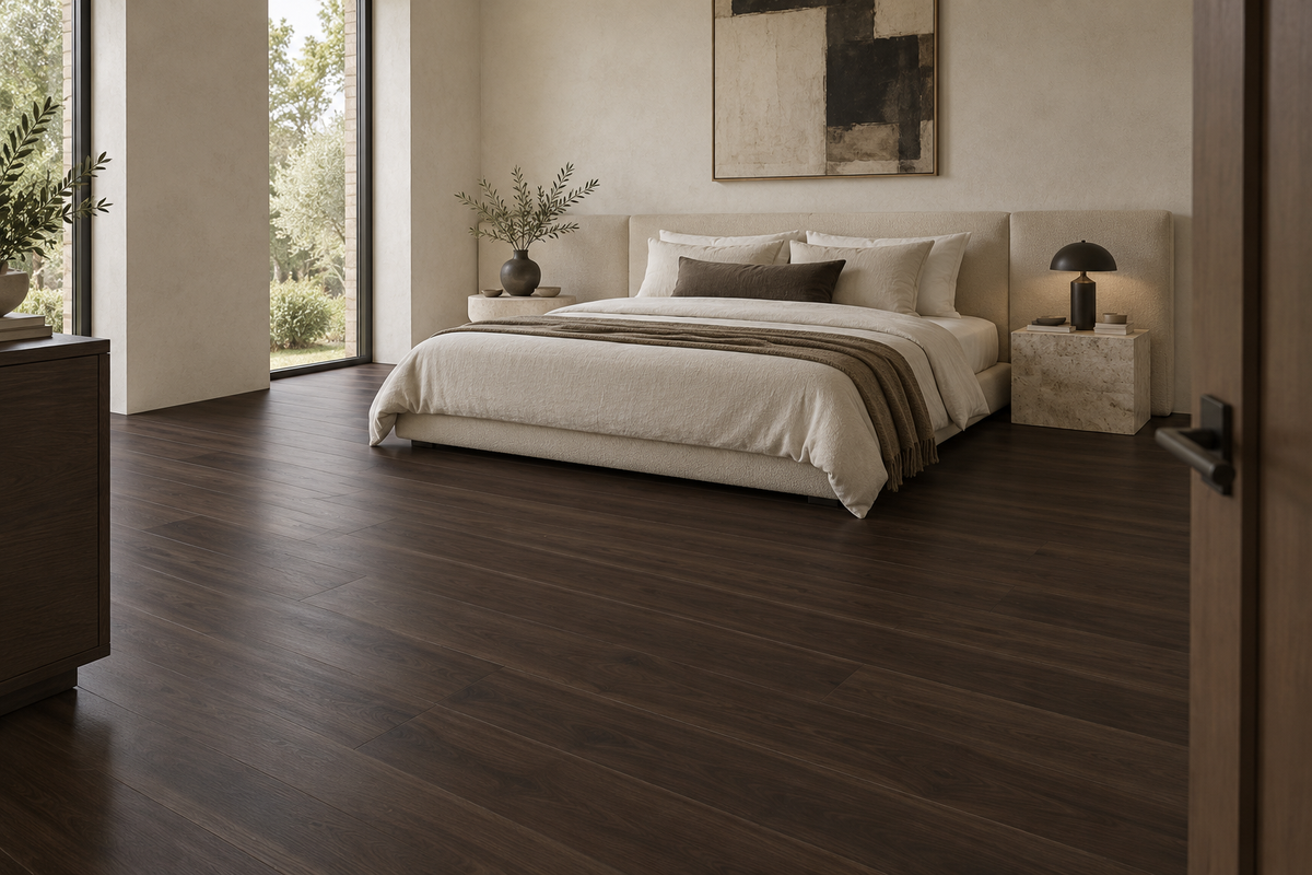 Deep Walnut SPC Vinyl Flooring — TFSPC901-F — daytime bedroom. AI interior visualization based on original supplier finish photos.