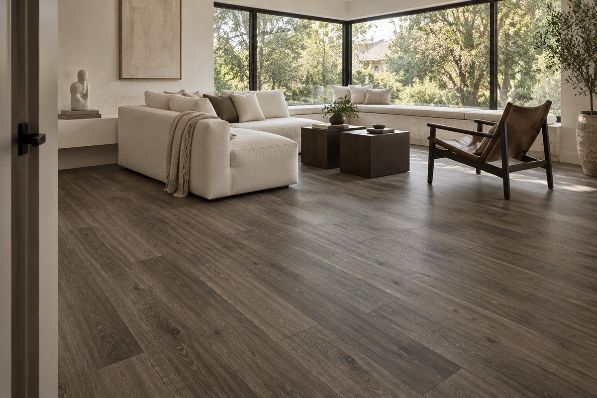 Cocoa SPC Vinyl Flooring — TFSPC902-F — daytime living room. AI interior visualization based on original supplier finish photos.