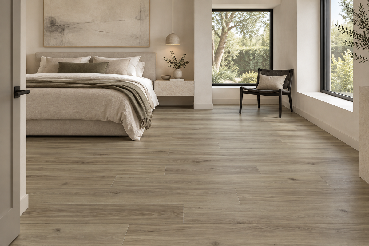 Smoked Oak SPC Vinyl Flooring — TFSPC908-F — daytime bedroom. AI interior visualization based on original supplier finish photos.