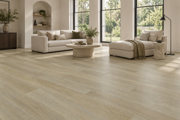 Century Oak SPC Vinyl Flooring — TFSPC910-F — daytime living room. AI interior visualization based on original supplier finish photos.