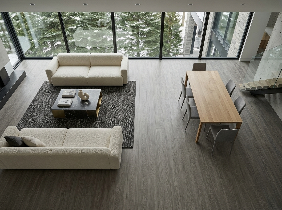 Everest SPC vinyl flooring, shown in a living and dining area with white sofas.