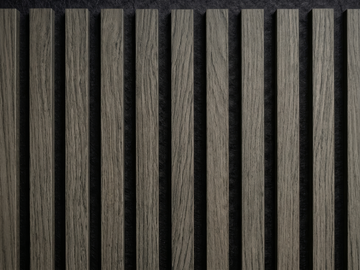 Cloud Grey wood slat acoustic panels, close-up of the grain and dark gaps between slats.