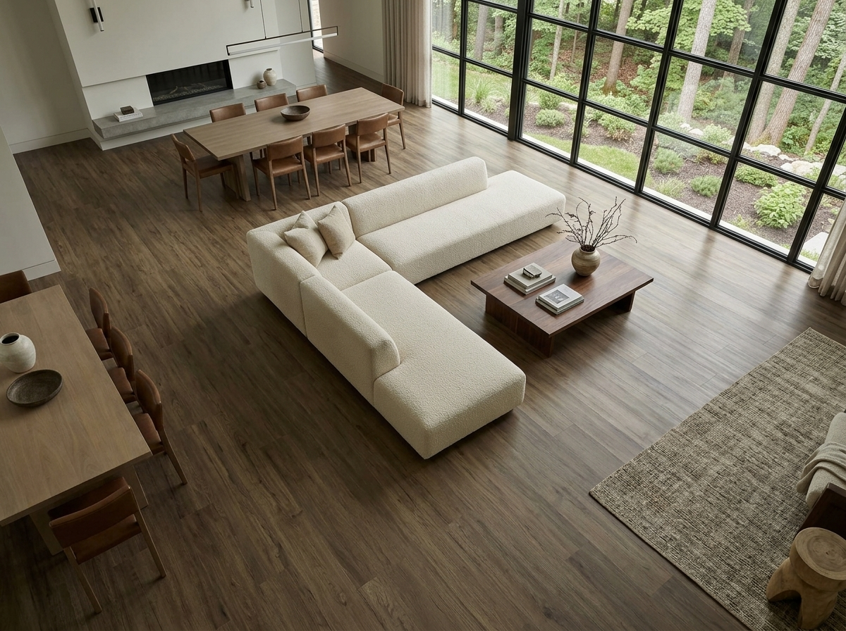Milk Chocolate SPC vinyl flooring, shown in an open living and dining area with a white sofa.