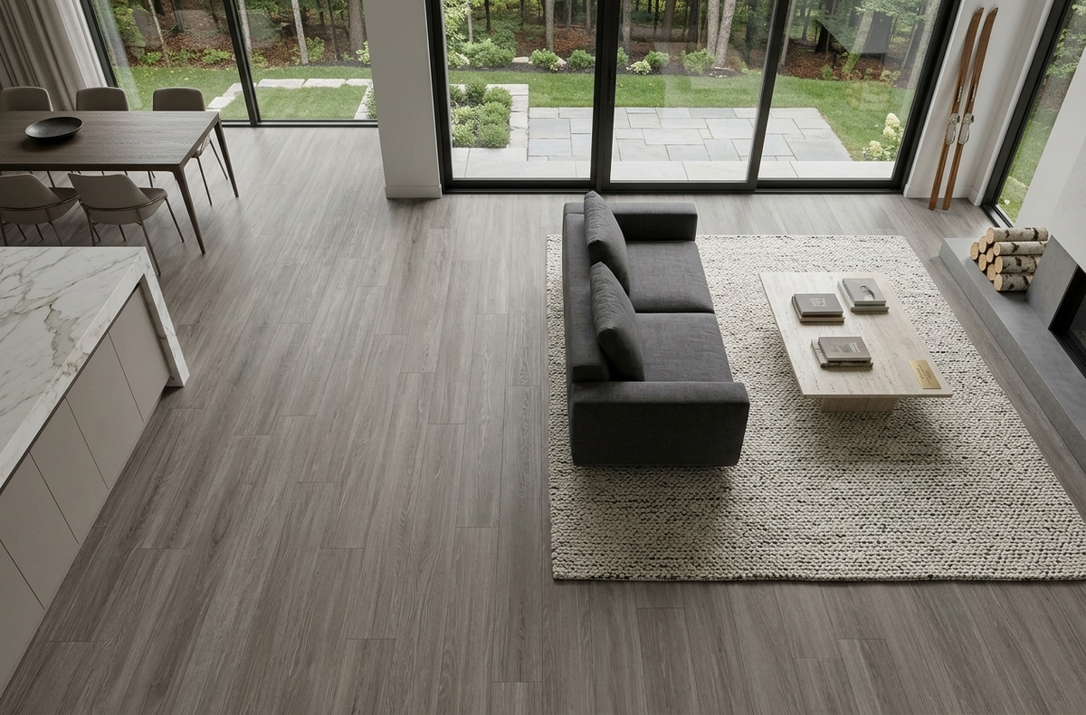 Mink SPC vinyl flooring, shown in an open living and dining area with garden windows.