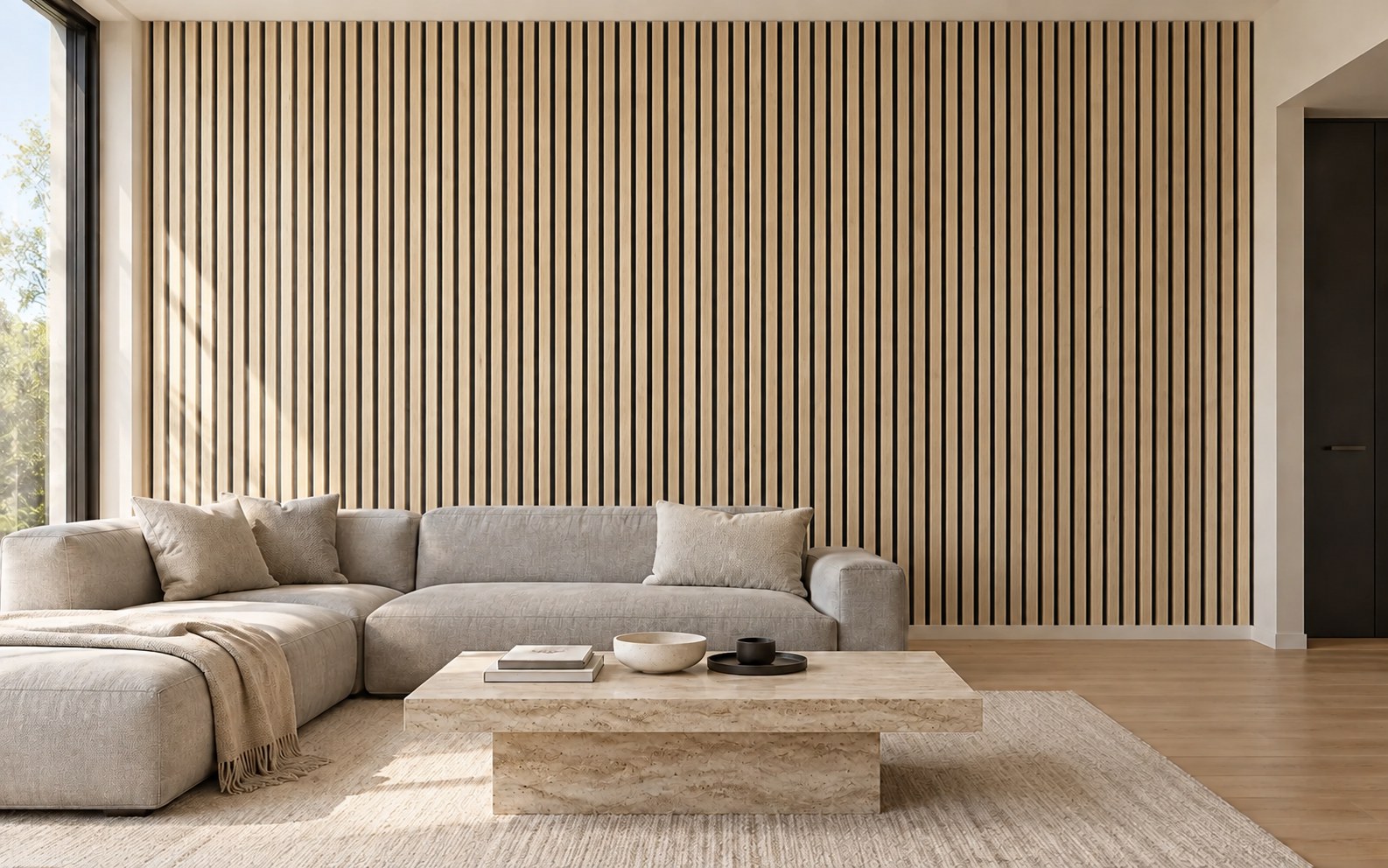 AI preview of a living room with Classic wooden wall panels.